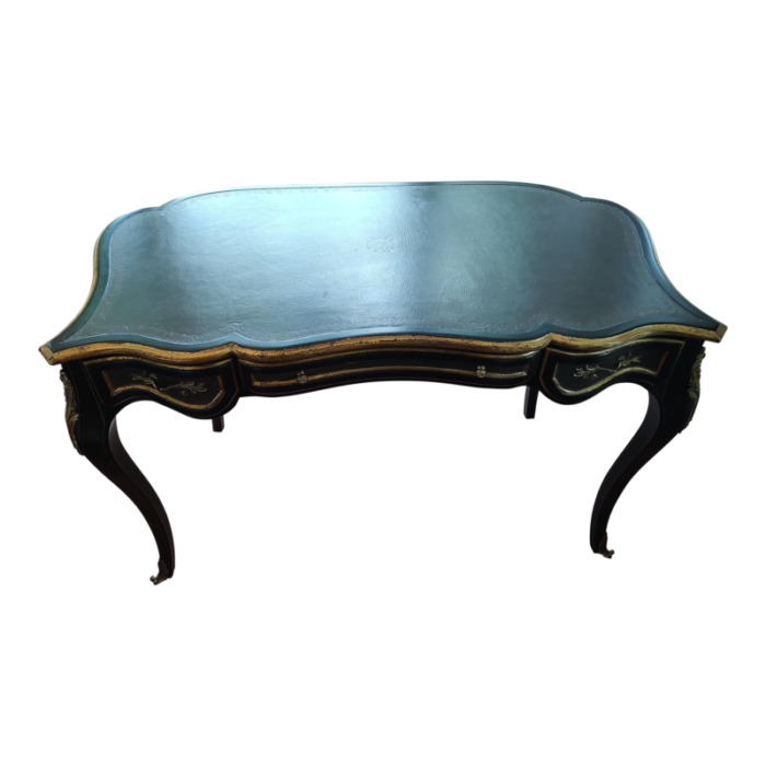 black and gold gilt writing desk with inlaid embossed leather topdesk drawersdesk edges louis xv influence 5964