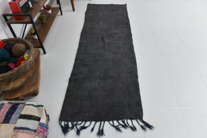 black fringed hand knotted hemp runner rug 1