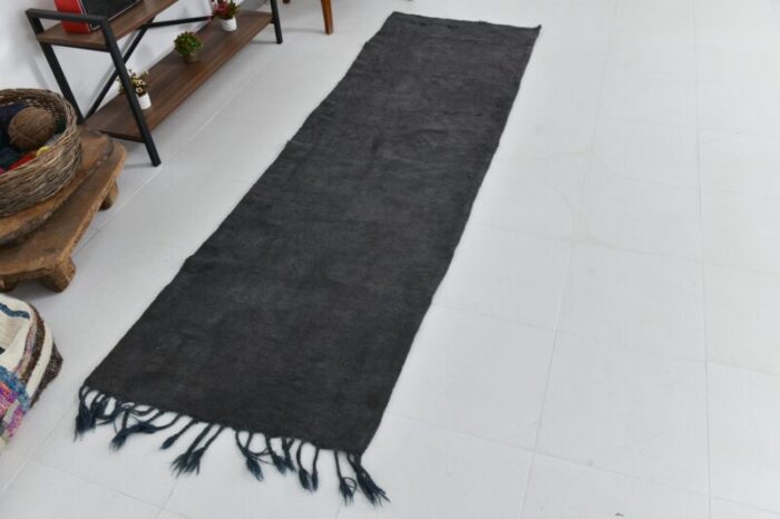 black fringed hand knotted hemp runner rug 2