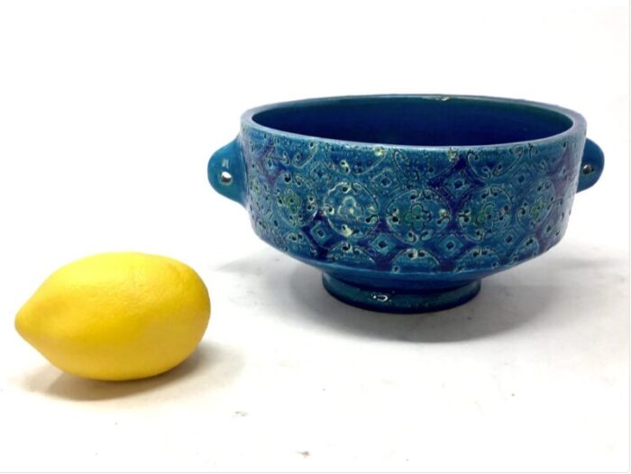 blue rimini 2 handled fruit bowl attributed to aldo londi for bitossi italy circa 1960s 4126