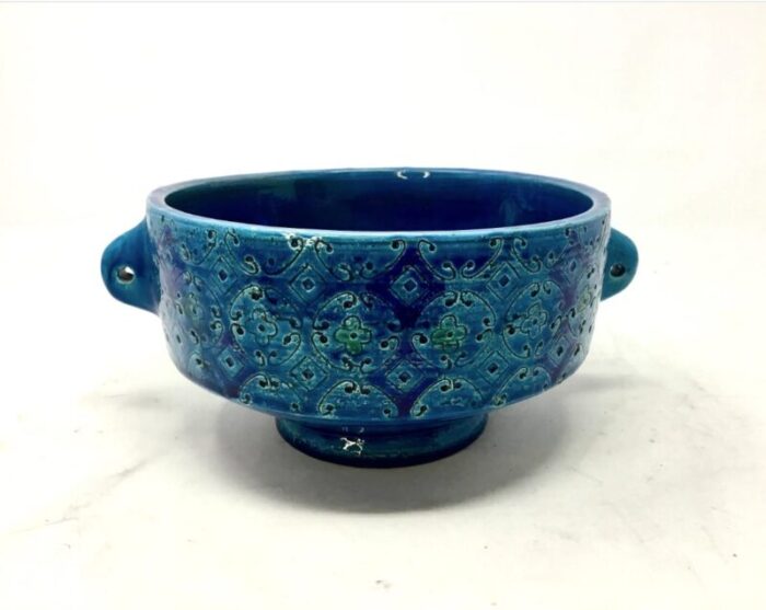 blue rimini 2 handled fruit bowl attributed to aldo londi for bitossi italy circa 1960s 6497