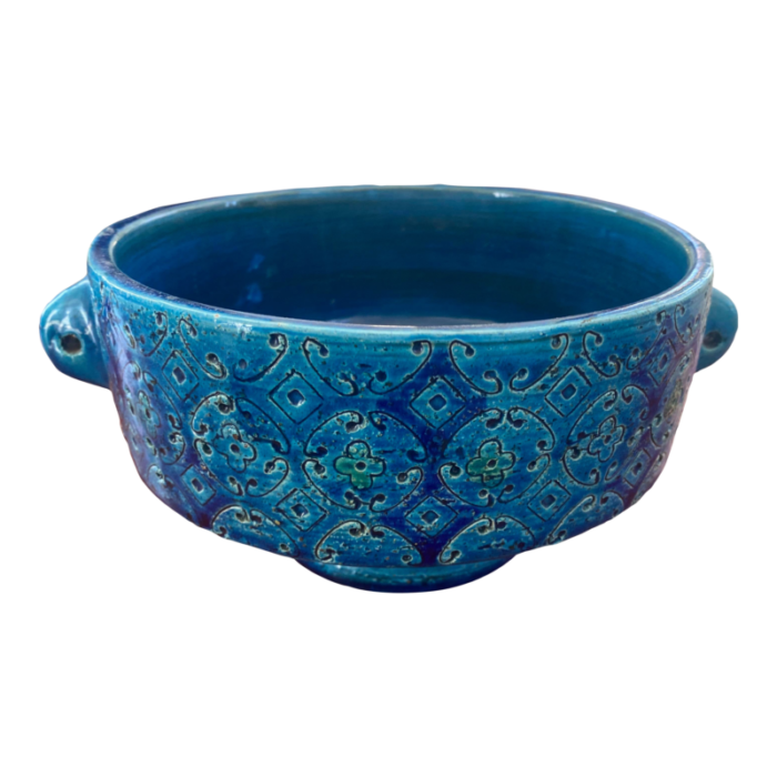 blue rimini 2 handled fruit bowl attributed to aldo londi for bitossi italy circa 1960s 8260