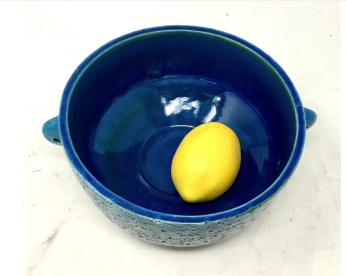 blue rimini 2 handled fruit bowl attributed to aldo londi for bitossi italy circa 1960s 8333