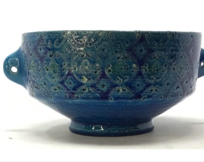 blue rimini 2 handled fruit bowl attributed to aldo londi for bitossi italy circa 1960s 9274