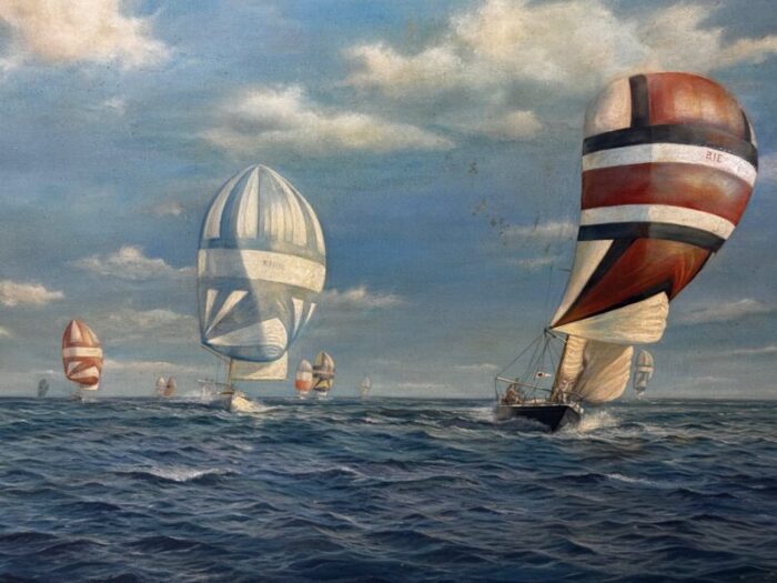 british large oil painting seascape admirals cup yacht cross channel race 1969 off cowes isle wight framed 6803