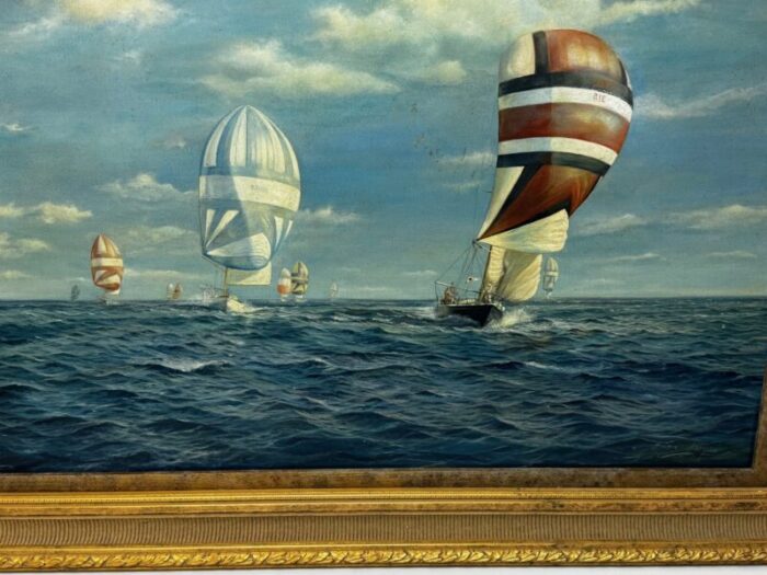 british large oil painting seascape admirals cup yacht cross channel race 1969 off cowes isle wight framed 8152