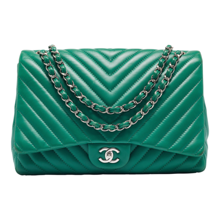 chanel green chevron leather maxi classic single flap bag 1804