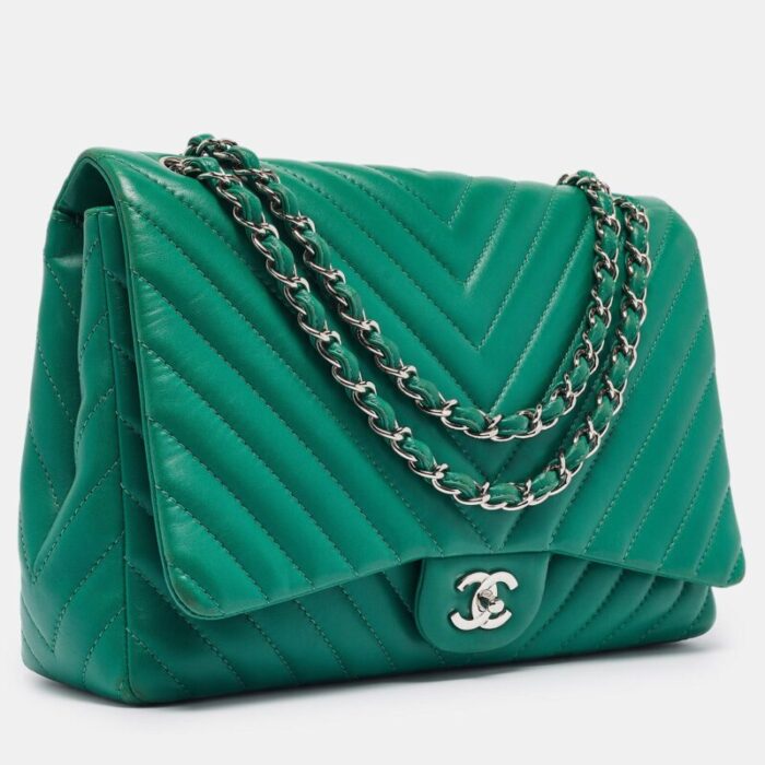 chanel green chevron leather maxi classic single flap bag 6892