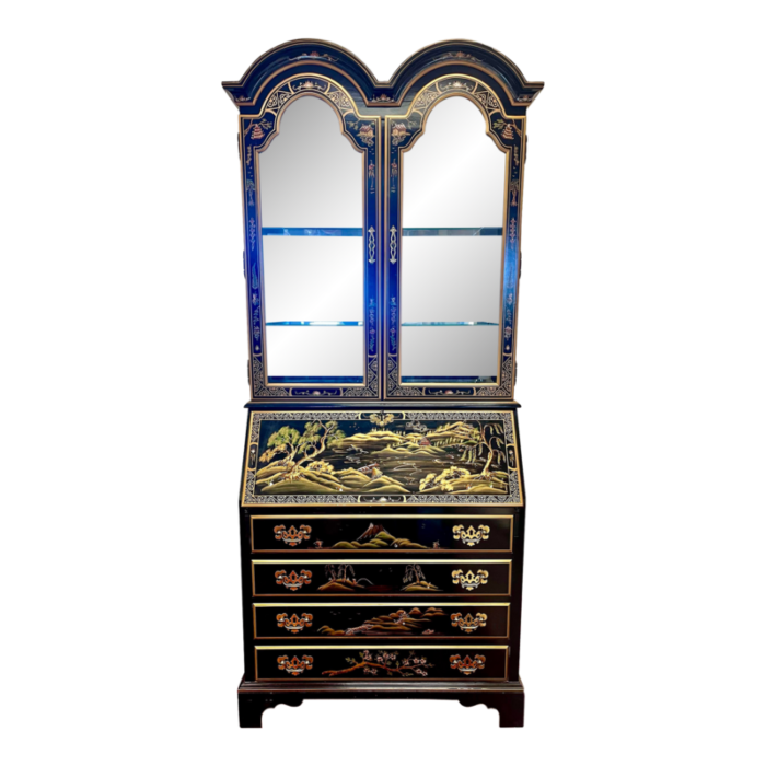 chinese chinoiserie black lacquered mirrored secretary desk display cabinet 3224