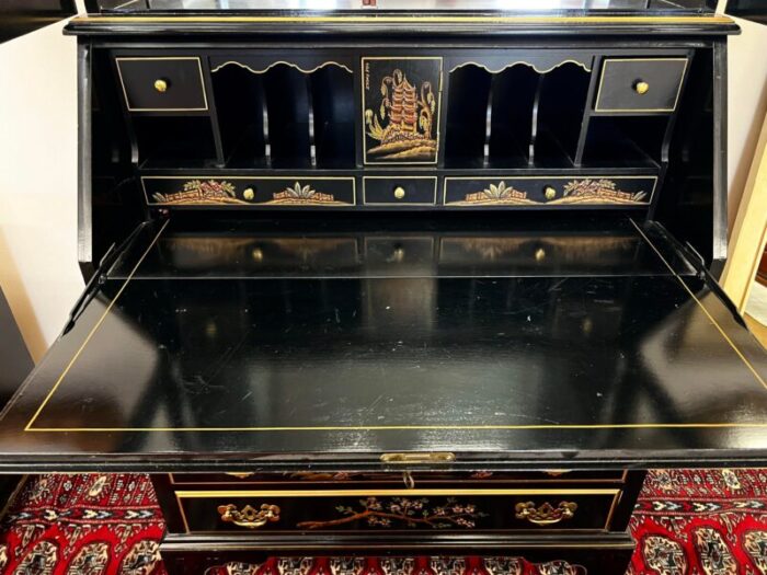 chinese chinoiserie black lacquered mirrored secretary desk display cabinet 3292