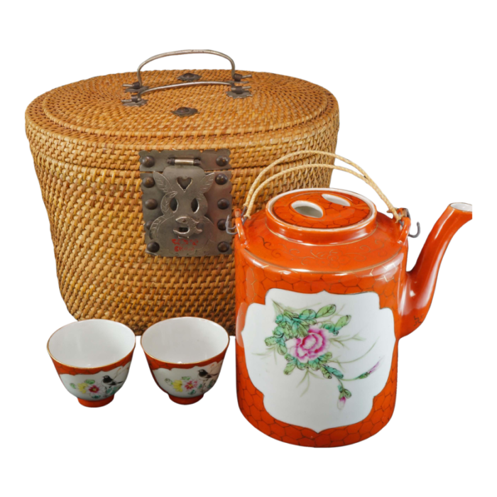 chinese polychrome teapot and cups with bamboo basket republic period 5070