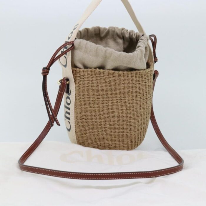 chloe woody small basket shoulder bag raffia beige auth 73397a 4218