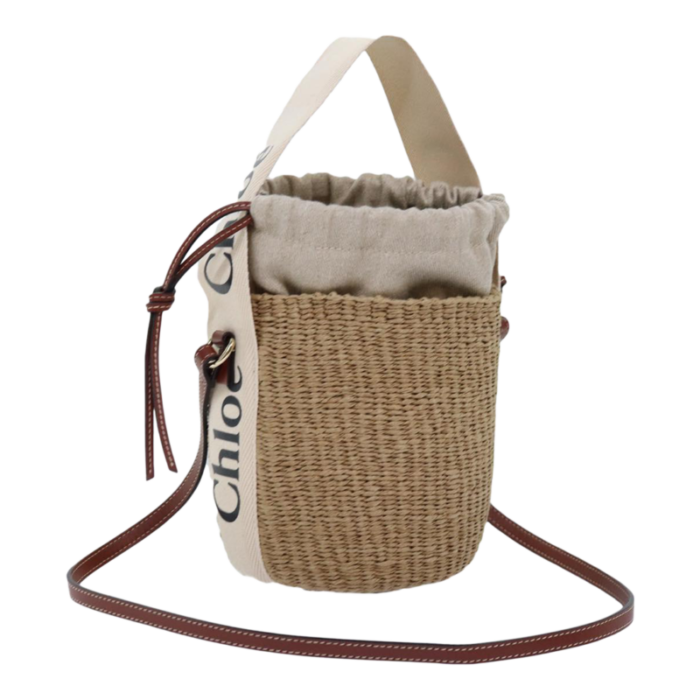 chloe woody small basket shoulder bag raffia beige auth 73397a 7376