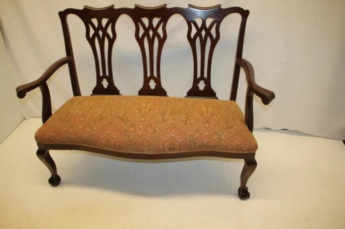 circa 1920s english chippendale mahogany settee loveseat with claw foot 8024