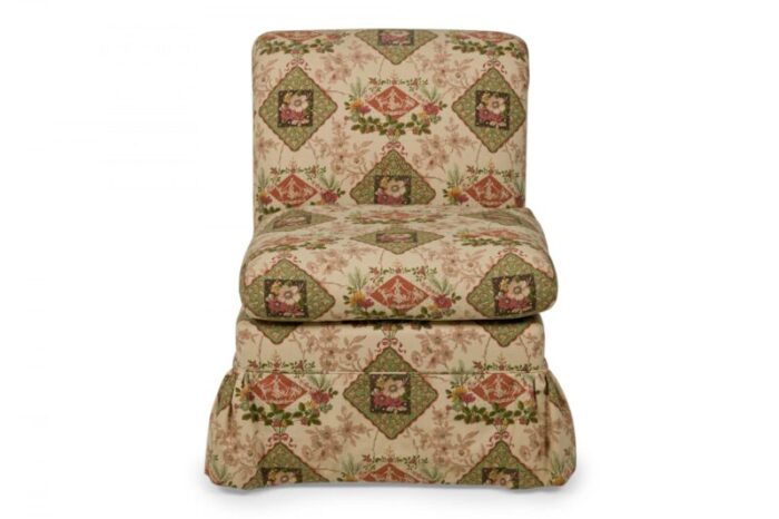 contemporary beige floral and genre scene patterned upholstered slipper chair 4449