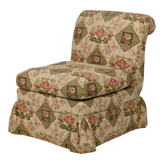 contemporary beige floral and genre scene patterned upholstered slipper chair 7339