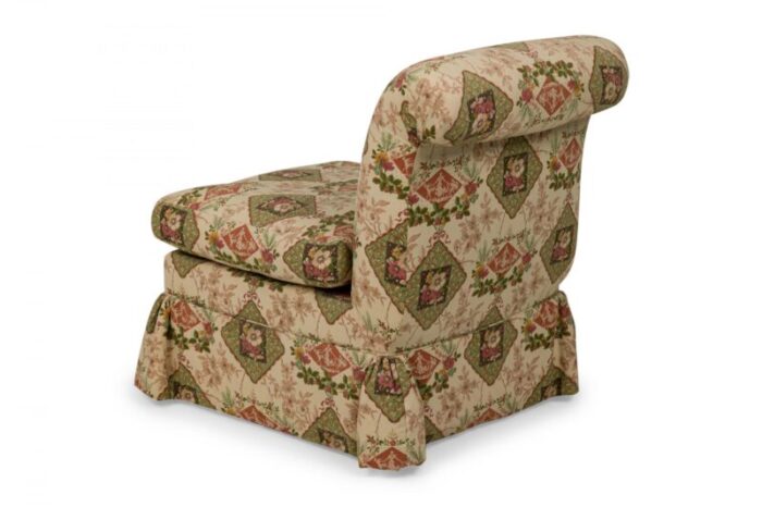 contemporary beige floral and genre scene patterned upholstered slipper chair 7989