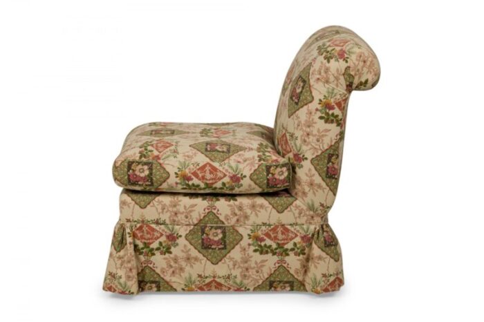 contemporary beige floral and genre scene patterned upholstered slipper chair 8804