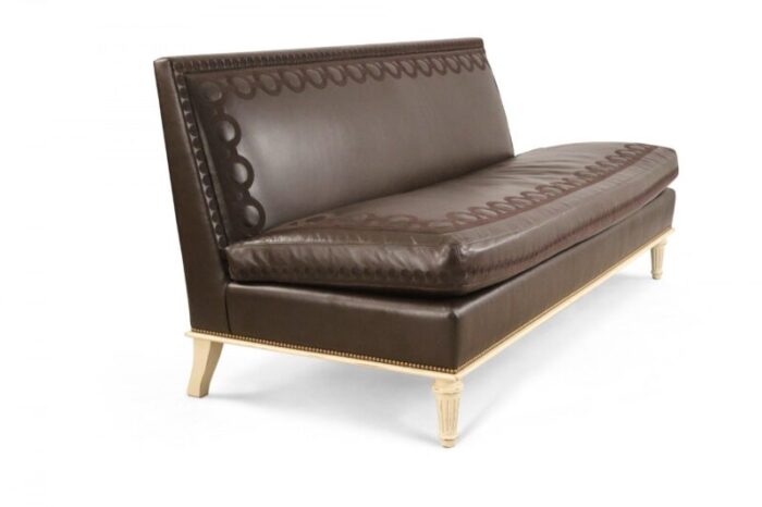 contemporary embroidered brown leather and painted wood sofa 0167