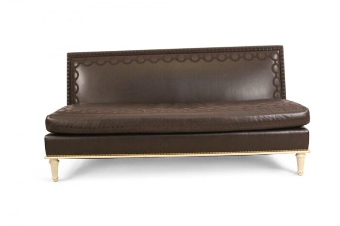 contemporary embroidered brown leather and painted wood sofa 6197