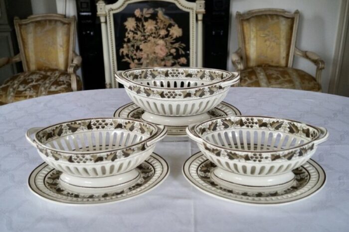 copeland spode creamware baskets with underplate 1800s set of 3 12