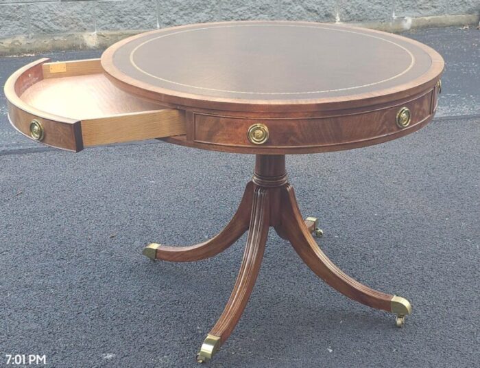 councill furniture georgian crotched mahogany leather top 2 drawer center table 6563