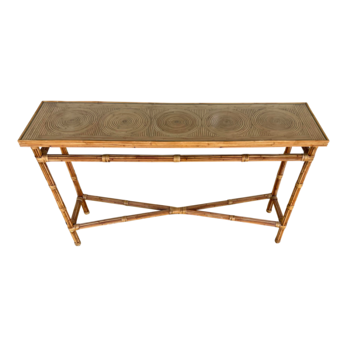 currey and company organic modern natural rattan geometric silang console table 1485