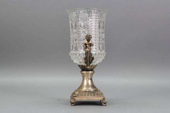 czech crystal glass and brass vase with cherubs 1970s 10