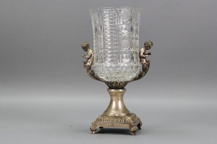 czech crystal glass and brass vase with cherubs 1970s 11