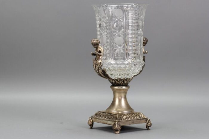 czech crystal glass and brass vase with cherubs 1970s 12