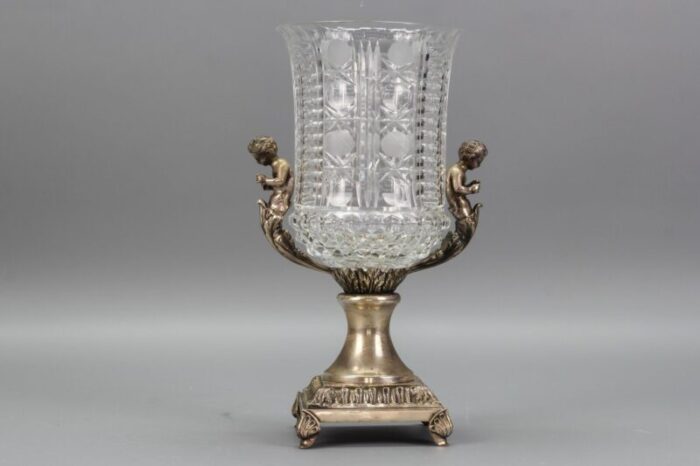 czech crystal glass and brass vase with cherubs 1970s 14