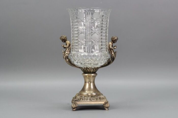 czech crystal glass and brass vase with cherubs 1970s 2