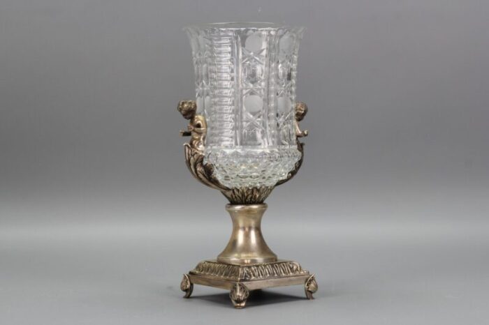 czech crystal glass and brass vase with cherubs 1970s 9