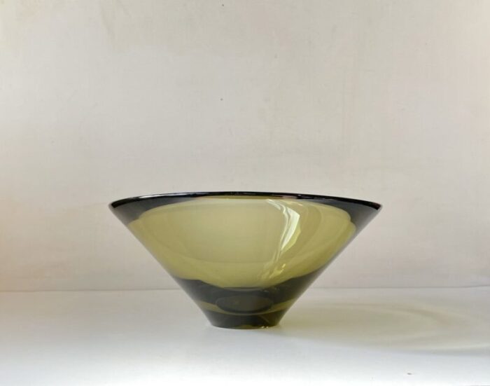 danish modern olive green glass disko bowl by per lutken for holmegaard 1961 2