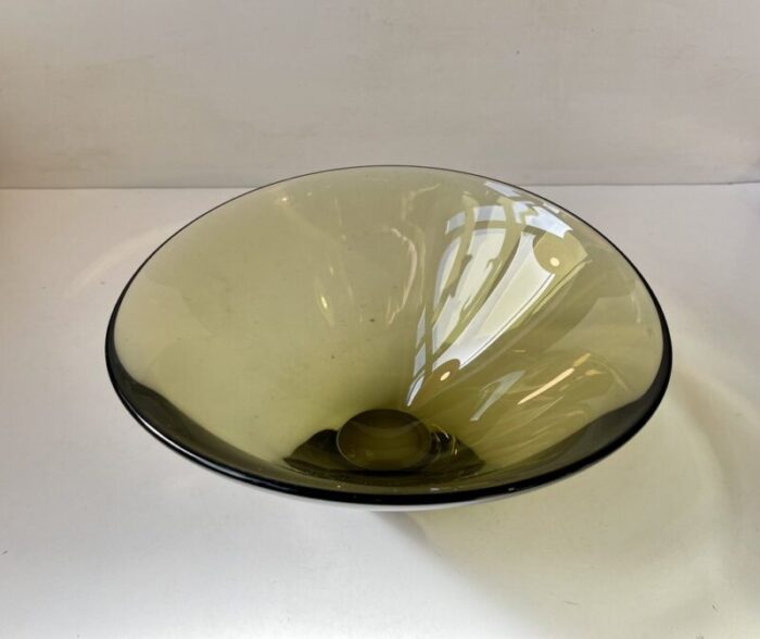 danish modern olive green glass disko bowl by per lutken for holmegaard 1961 3