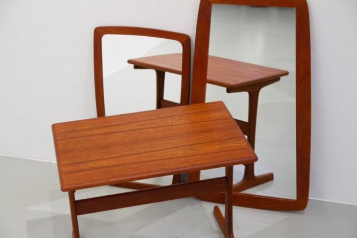 danish modern teak mirrors and table 1960s set of 3 20