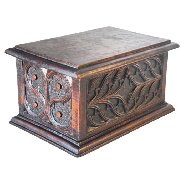 decorative and jewelry box in wood with geometrical gothic patterns france 1970s 1