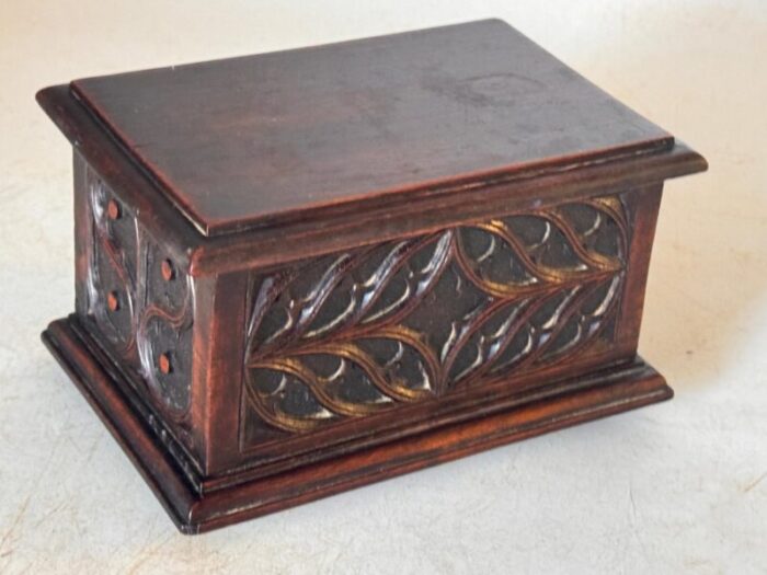 decorative and jewelry box in wood with geometrical gothic patterns france 1970s 4