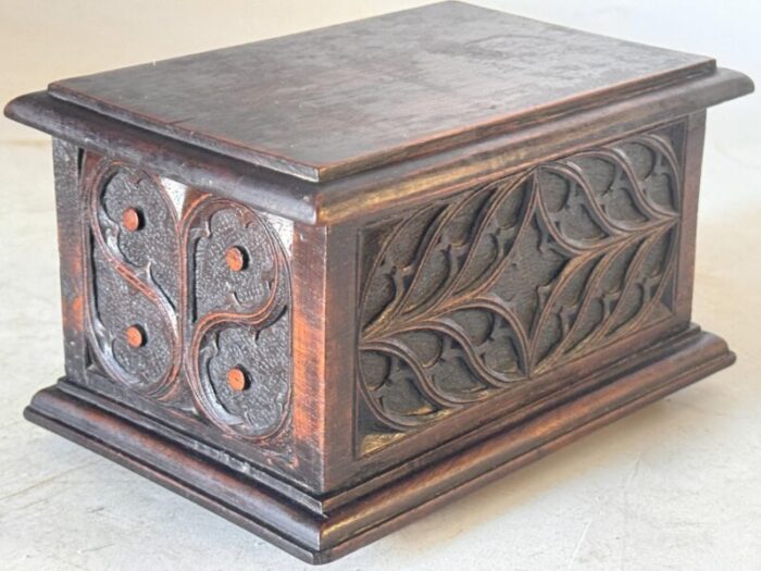 decorative and jewelry box in wood with geometrical gothic patterns france 1970s 5