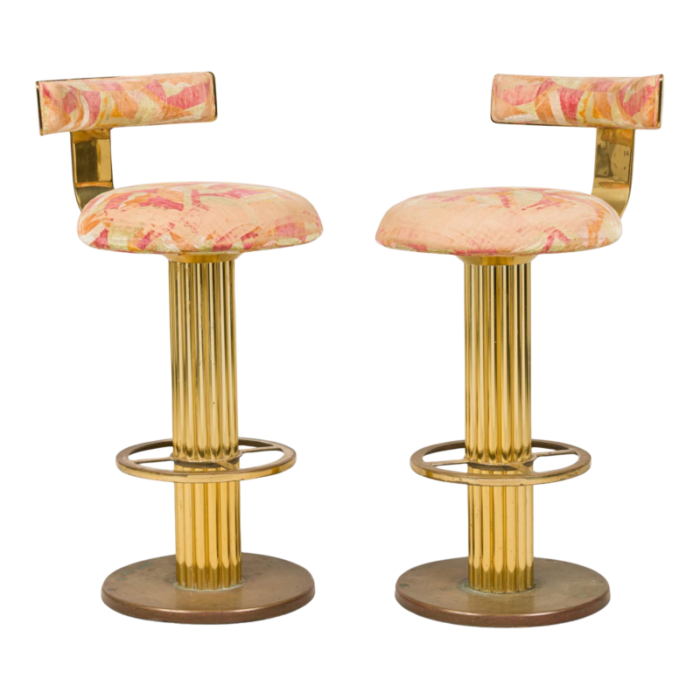 designs for leisure mid century american swivel bar stools in geometric chenille upholstery a pair 2910