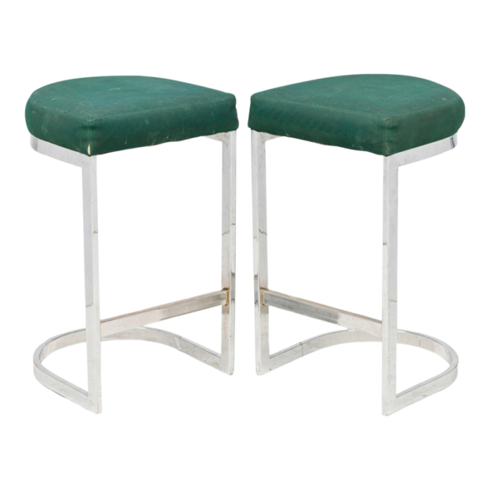 dillingham mid century american horseshoe cantilevered forest green and metal barstools a pair 2084