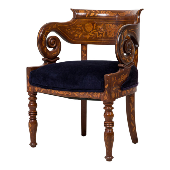 dutch neo classic style marquetry frame blue upholstered armchair 7877