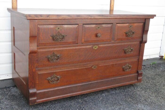 early 1900s tiger oak large dresser bathroom vanity cabinet with a mirror 5499 0690