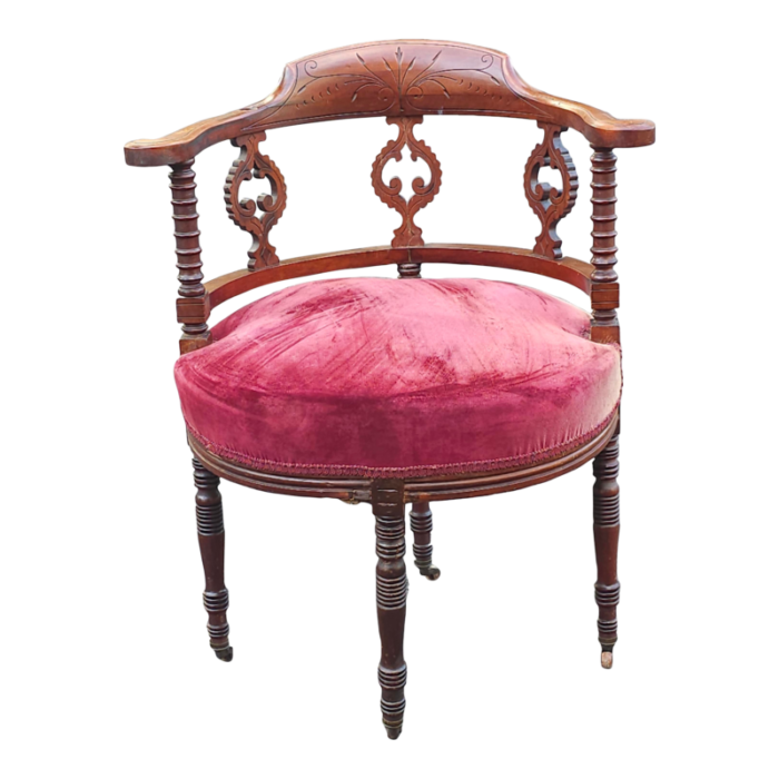 early 20th c victorian mahogany and upholstered corner barel chair 0597