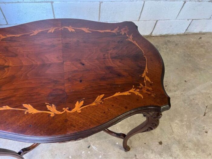 early 20th century antique louis xv style marquetry inlaid carved center table 0864