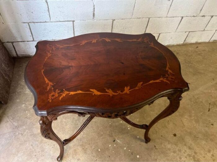 early 20th century antique louis xv style marquetry inlaid carved center table 1185