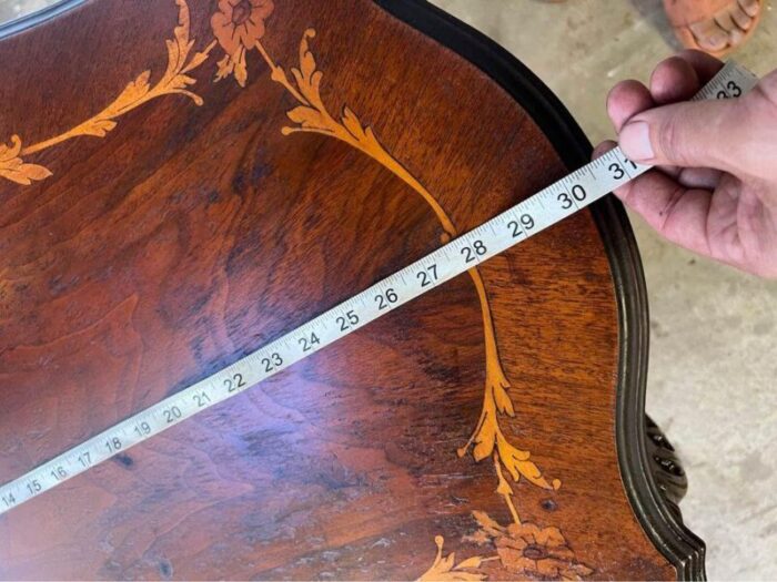 early 20th century antique louis xv style marquetry inlaid carved center table 5691