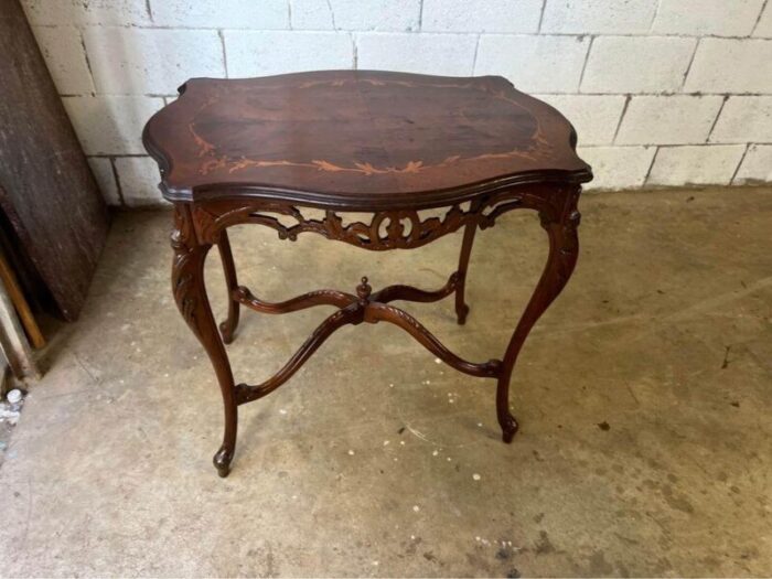 early 20th century antique louis xv style marquetry inlaid carved center table 6815