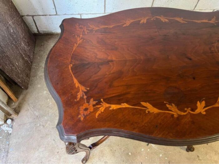 early 20th century antique louis xv style marquetry inlaid carved center table 8540