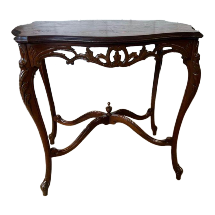 early 20th century antique louis xv style marquetry inlaid carved center table 9760